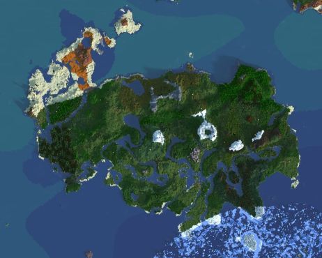 Render of a large continent in Minecraft with many different biomes, in the middle of a sea.